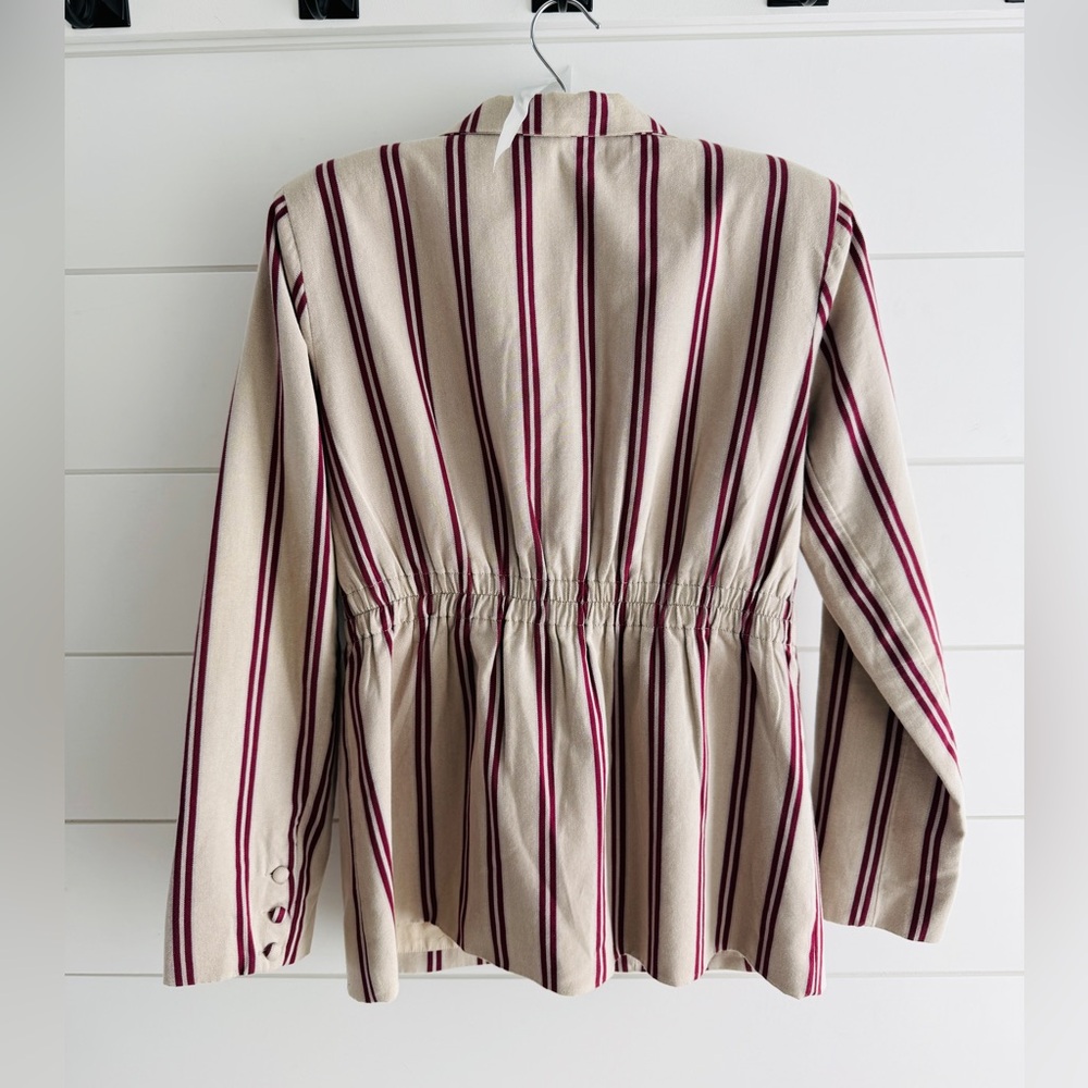 L'Academie Beige and Burgundy Striped Blazer, Size Medium - Picture 3 of 9